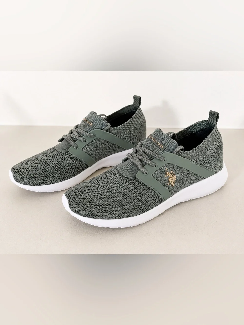U.S. Polo Assn. Olive Gray Knit Slip-On Sneakers White Sole Women’s Size 10